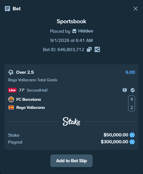 Bet slip: Barcelona - Rayo Vallecano, $50,000.00 stake at 6.00 odds, placed by Hidden