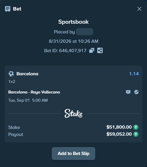 Bet slip: Barcelona - Rayo Vallecano, $51,800.00 stake at 1.14 odds, placed by winnirium228