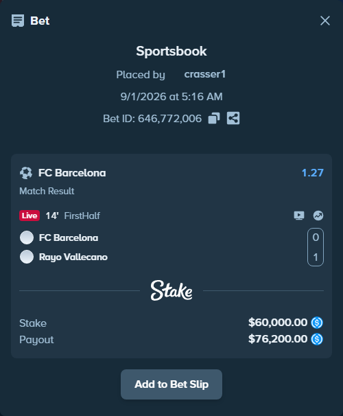 Bet slip: Barcelona - Rayo Vallecano, $60,000.00 stake at 1.27 odds, placed by crasser1