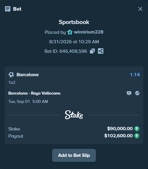 Bet slip: Barcelona - Rayo Vallecano, $90,000.00 stake at 1.14 odds, placed by winnirium228