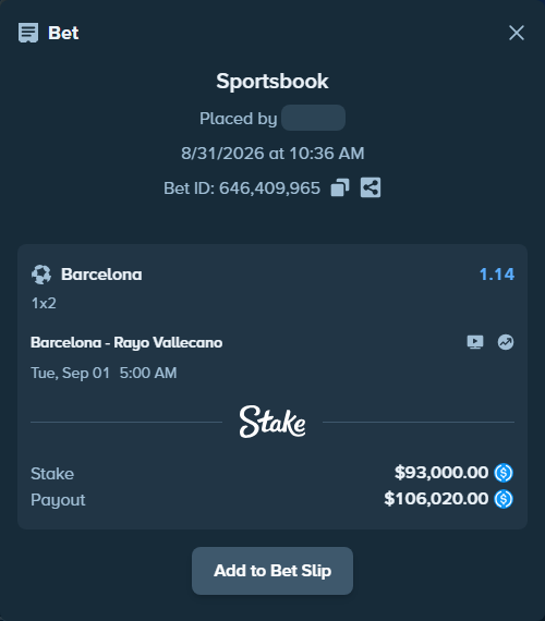 Bet slip: Barcelona - Rayo Vallecano, $93,000.00 stake at 1.14 odds, placed by boikot115