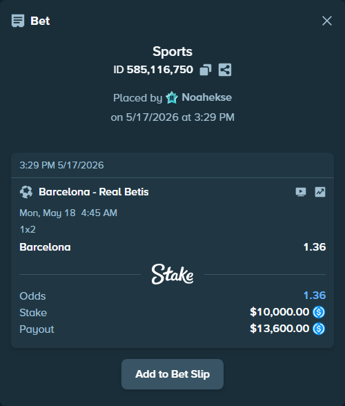 Bet slip: Barcelona - Real Betis, $10,000.00 stake at 1.36 odds, placed by Noahekse