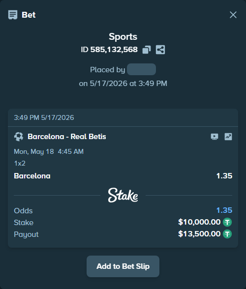 Bet slip: Barcelona - Real Betis, $10,000.00 stake at 1.35 odds, placed by LambH2