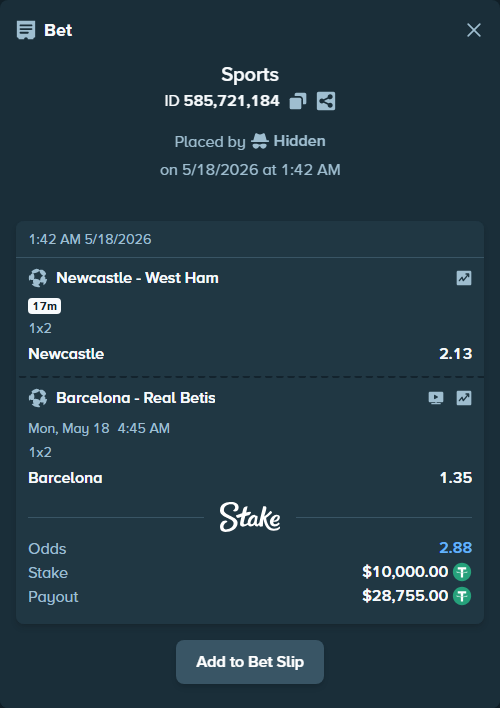 Bet slip: Barcelona - Real Betis, $10,000.00 stake at 1.35 odds, placed by Hidden