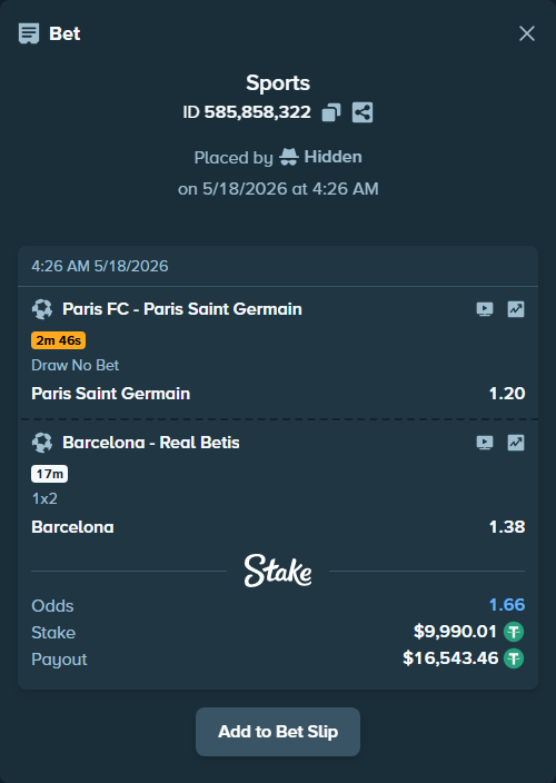 Bet slip: Barcelona - Real Betis, $10,000.00 stake at 1.38 odds, placed by Hidden