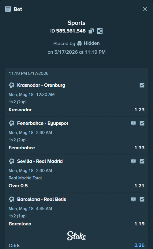 Bet slip: Barcelona - Real Betis, $10,001.93 stake at 1.19 odds, placed by Hidden