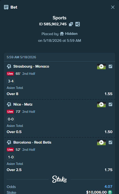 Bet slip: Barcelona - Real Betis, $10,006.00 stake at 1.75 odds, placed by Hidden