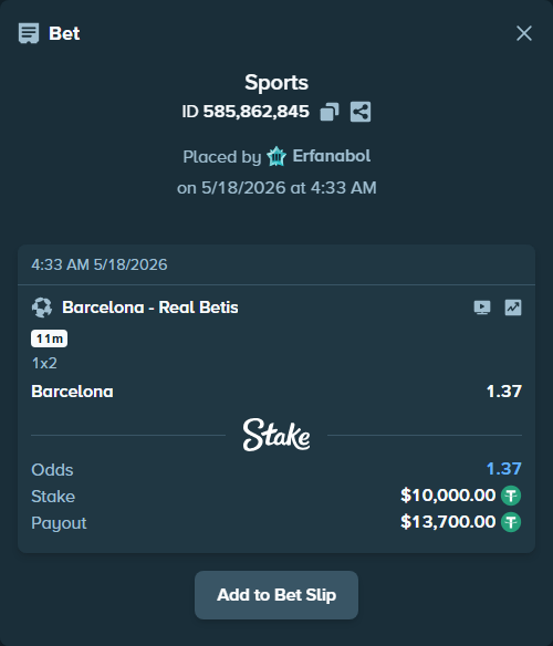 Bet slip: Barcelona - Real Betis, $10,010.00 stake at 1.37 odds, placed by Erfanabol