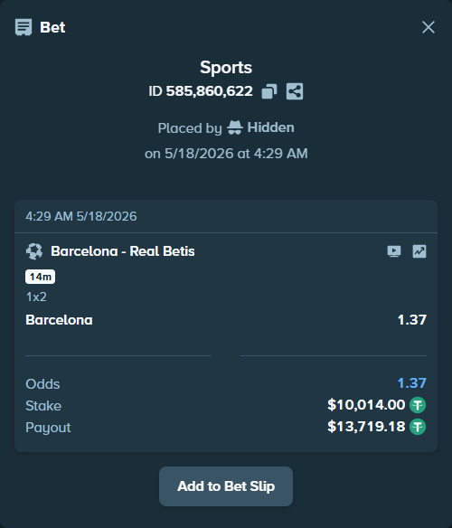Bet slip: Barcelona - Real Betis, $10,024.01 stake at 1.37 odds, placed by floutp451