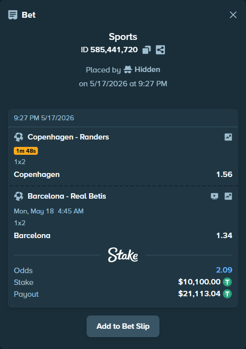 Bet slip: Barcelona - Real Betis, $10,100.00 stake at 1.34 odds, placed by Hidden