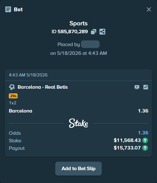 Bet slip: Barcelona - Real Betis, $11,580.00 stake at 1.36 odds, placed by BrianDelayjl