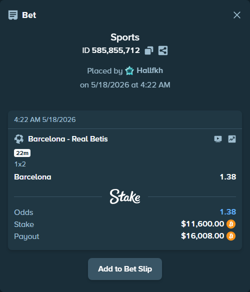 Bet slip: Barcelona - Real Betis, $9,550.83 stake at 1.38 odds, placed by Hallfkh