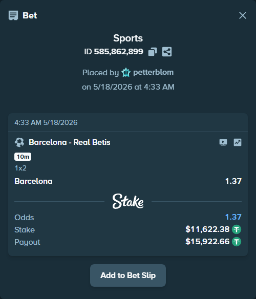Bet slip: Barcelona - Real Betis, $11,634.00 stake at 1.37 odds, placed by petterblom