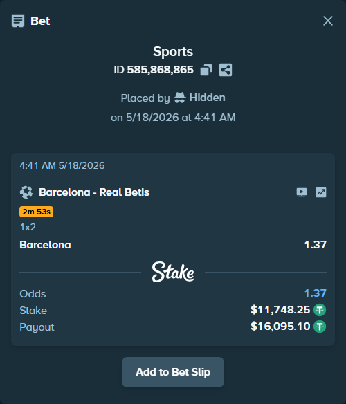 Bet slip: Barcelona - Real Betis, $11,760.00 stake at 1.37 odds, placed by Hidden