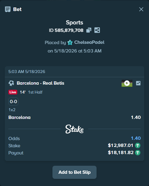 Bet slip: Barcelona - Real Betis, $13,000.00 stake at 1.40 odds, placed by ChelseaPadel