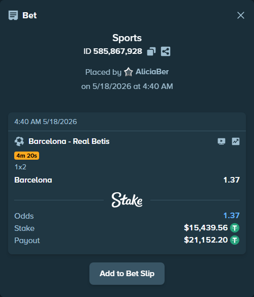 Bet slip: Barcelona - Real Betis, $15,455.00 stake at 1.37 odds, placed by AliciaBer