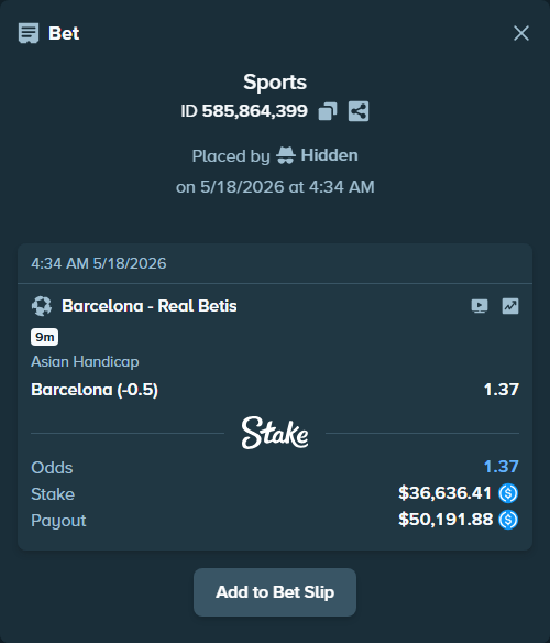 Bet slip: Barcelona - Real Betis, $36,636.41 stake at 1.37 odds, placed by Hidden