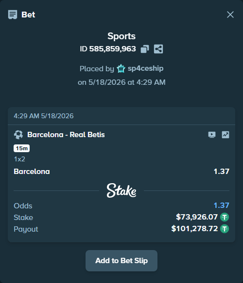 Bet slip: Barcelona - Real Betis, $74,000.00 stake at 1.37 odds, placed by sp4ceship