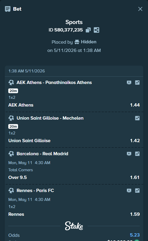 Bet slip: Barcelona - Real Madrid, $10,000.00 stake at 1.61 odds, placed by Hidden