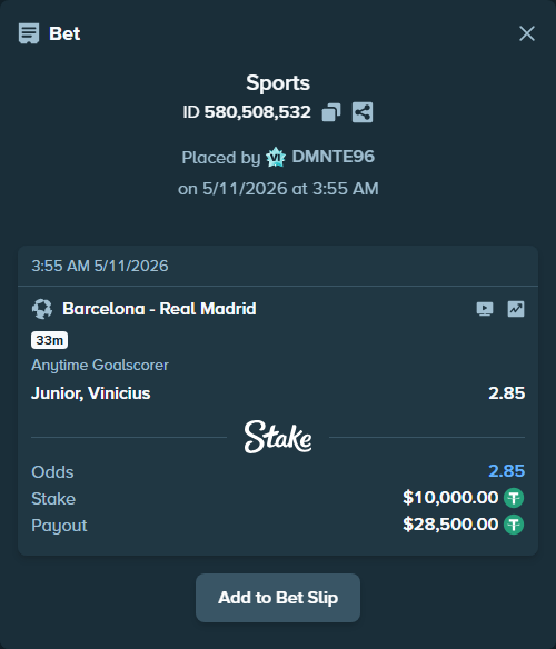 Bet slip: Barcelona - Real Madrid, $10,000.00 stake at 2.85 odds, placed by DMNTE96