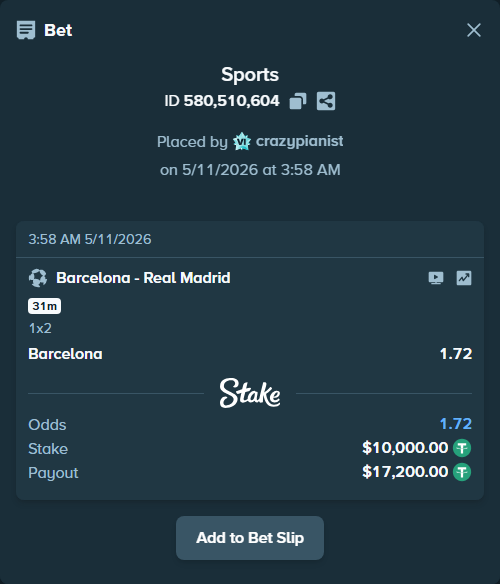 Bet slip: Barcelona - Real Madrid, $10,000.00 stake at 1.72 odds, placed by crazypianist
