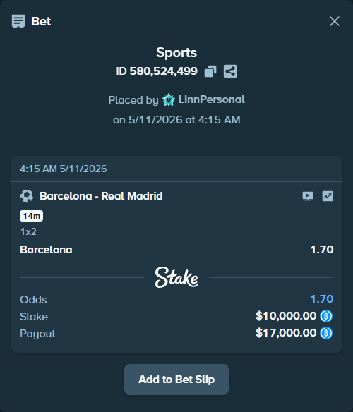 Bet slip: Barcelona - Real Madrid, $10,000.00 stake at 1.70 odds, placed by LinnPersonal
