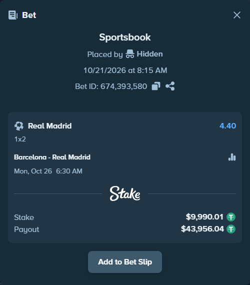 Bet slip: Barcelona - Real Madrid, $10,000.00 stake at 4.40 odds, placed by Mates99