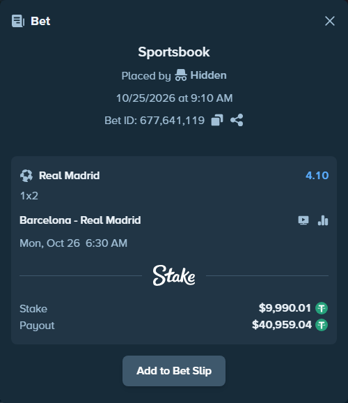 Bet slip: Barcelona - Real Madrid, $10,000.00 stake at 4.10 odds, placed by LPhesha