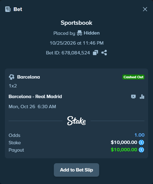 Bet slip: Barcelona - Real Madrid, $10,000.00 stake at 1.54 odds, placed by Andhjelm