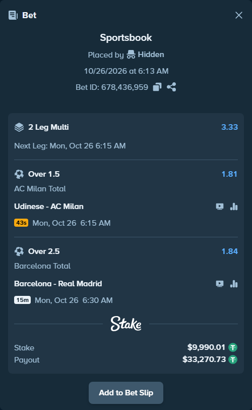 Bet slip: Barcelona - Real Madrid, $10,000.00 stake at 1.84 odds, placed by roha1292