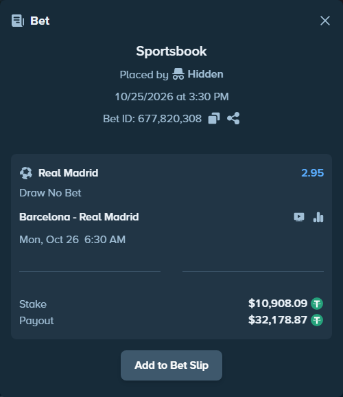 Bet slip: Barcelona - Real Madrid, $10,919.00 stake at 2.95 odds, placed by Hanselwilliam1