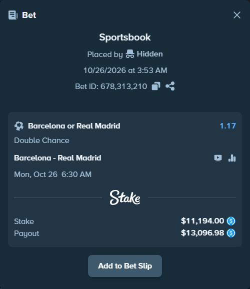 Bet slip: Barcelona - Real Madrid, $11,194.00 stake at 1.17 odds, placed by reggieewellq