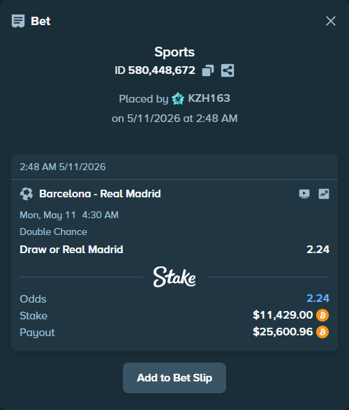 Bet slip: Barcelona - Real Madrid, $9,012.35 stake at 2.24 odds, placed by KZH163
