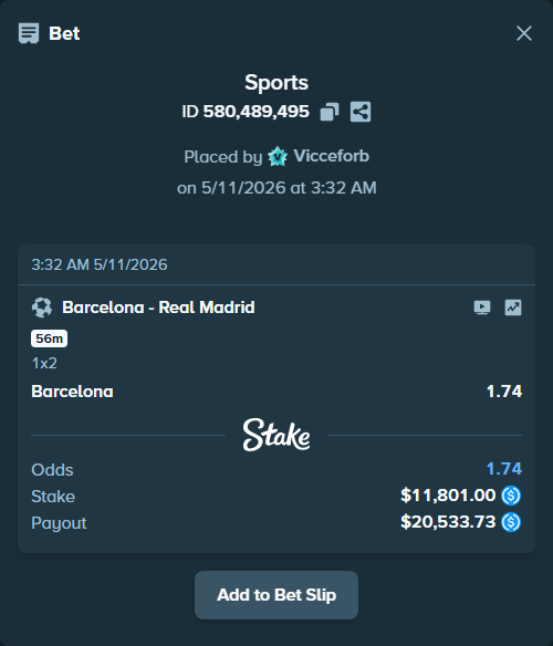 Bet slip: Barcelona - Real Madrid, $11,801.00 stake at 1.74 odds, placed by Vicceforb