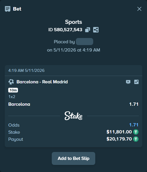 Bet slip: Barcelona - Real Madrid, $11,801.00 stake at 1.71 odds, placed by Jakeleik