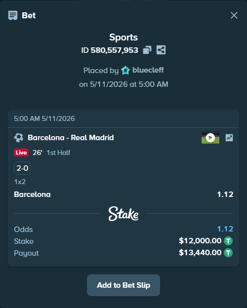 Bet slip: Barcelona - Real Madrid, $12,000.00 stake at 1.12 odds, placed by bluecleff