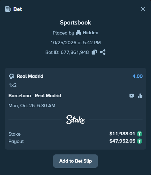 Bet slip: Barcelona - Real Madrid, $12,000.00 stake at 4.00 odds, placed by Majorek