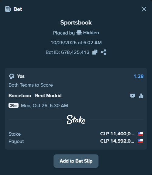 Bet slip: Barcelona - Real Madrid, $12,540.00 stake at 1.28 odds, placed by MattyMoreno07