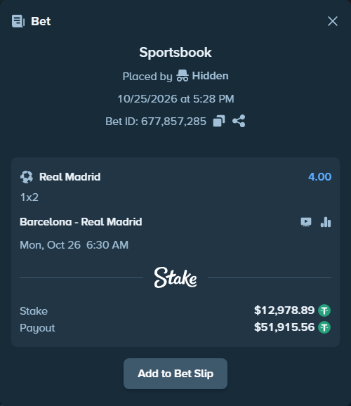 Bet slip: Barcelona - Real Madrid, $12,991.87 stake at 4.00 odds, placed by Addctd