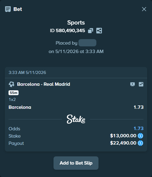 Bet slip: Barcelona - Real Madrid, $13,000.00 stake at 1.73 odds, placed by drwildwilly