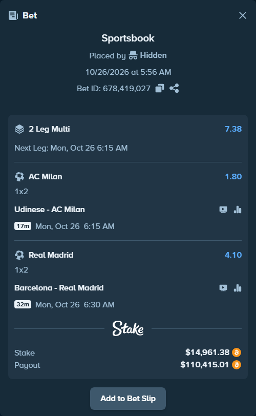 Bet slip: Barcelona - Real Madrid, $14,773.83 stake at 4.10 odds, placed by Hidden