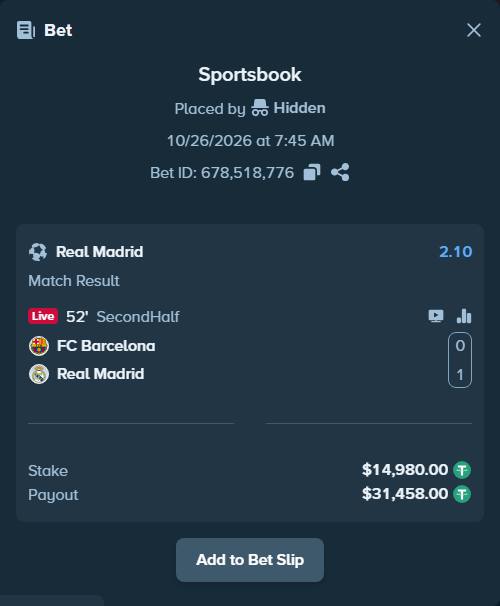 Bet slip: Barcelona - Real Madrid, $14,994.98 stake at 2.10 odds, placed by Hidden