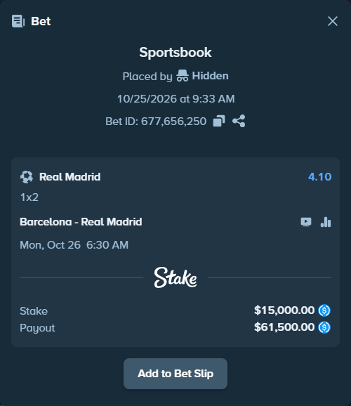 Bet slip: Barcelona - Real Madrid, $15,000.00 stake at 4.10 odds, placed by Daria212