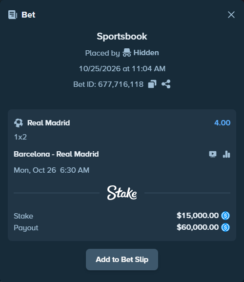 Bet slip: Barcelona - Real Madrid, $15,000.00 stake at 4.00 odds, placed by Daria212