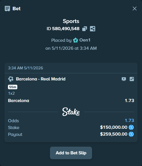 Bet slip: Barcelona - Real Madrid, $150,000.00 stake at 1.73 odds, placed by Oen1