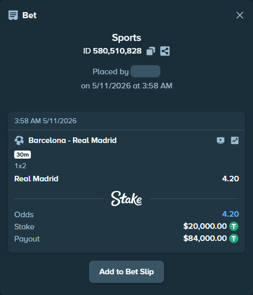 Bet slip: Barcelona - Real Madrid, $20,000.00 stake at 4.20 odds, placed by Enrique2777