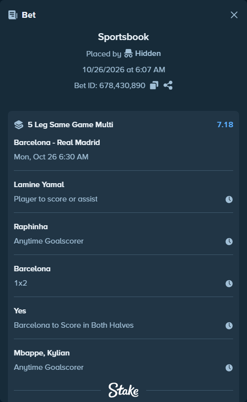 Bet slip: Barcelona - Real Madrid, $20,000.00 stake at 1.28 odds, placed by Hidden