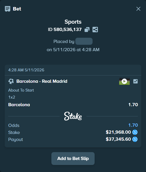 Bet slip: Barcelona - Real Madrid, $21,968.00 stake at 1.70 odds, placed by RonexTheGoat