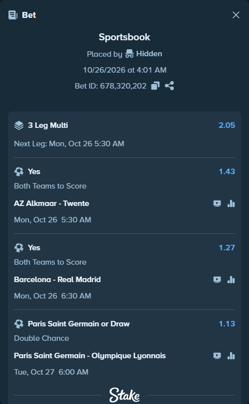 Bet slip: Barcelona - Real Madrid, $25,003.98 stake at 1.27 odds, placed by Hidden