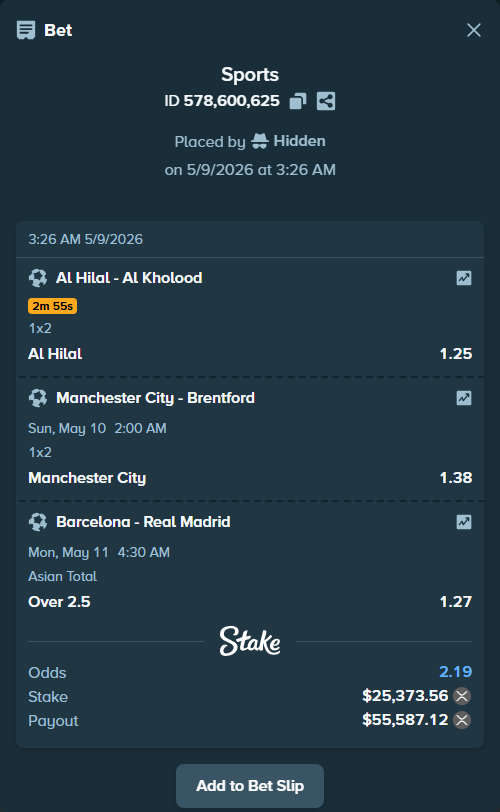 Bet slip: Barcelona - Real Madrid, $20,700.00 stake at 1.27 odds, placed by Hidden